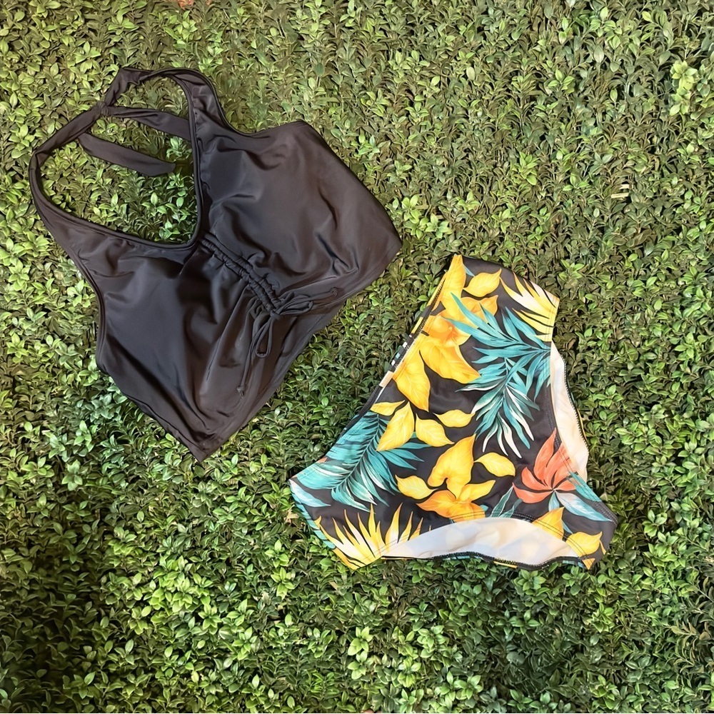 Black Halter Bikini Top with Tropical Print Bottoms